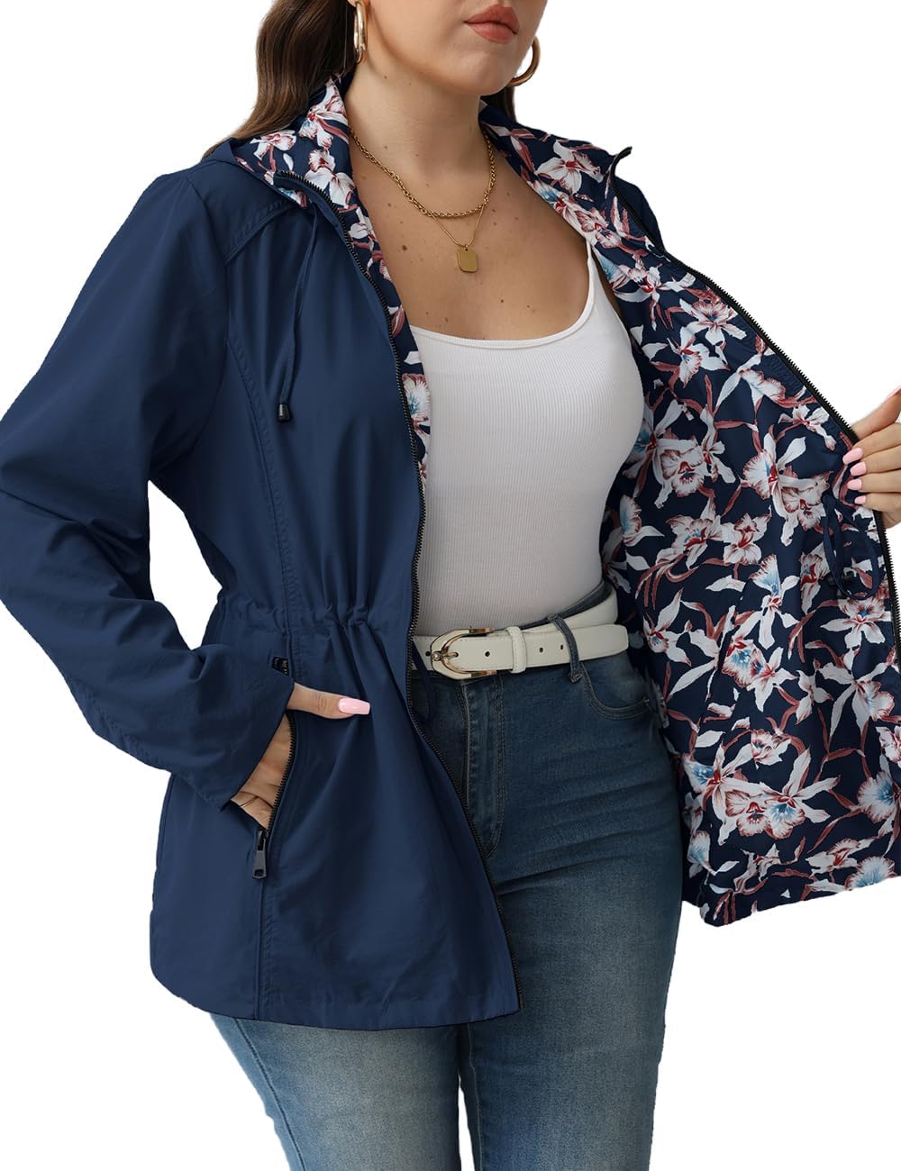 Geschallino Women's Casual Reversible Coat Plus Size Floral Print Windbreaker Lightweight Jacket with Hood - Image 6