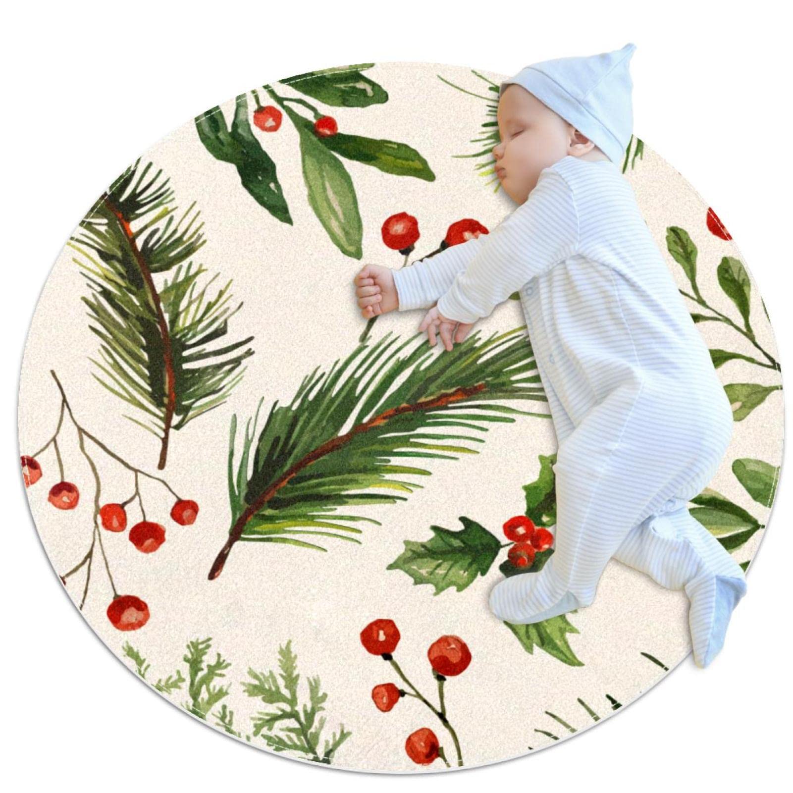 Tapis de salle de bain rond 1m motif branches baies rouges