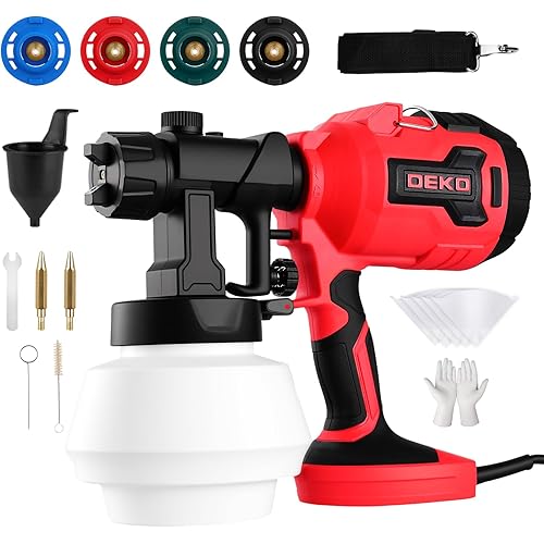 DEKOPRO Paint Sprayer, 700W Electric Spray Paint Gun for House Painting Furniture Cabinets Fence Walls Door Garden Chairs, Easy to Clean 4 Nozzles and 3 Patterns 800ml Container Red