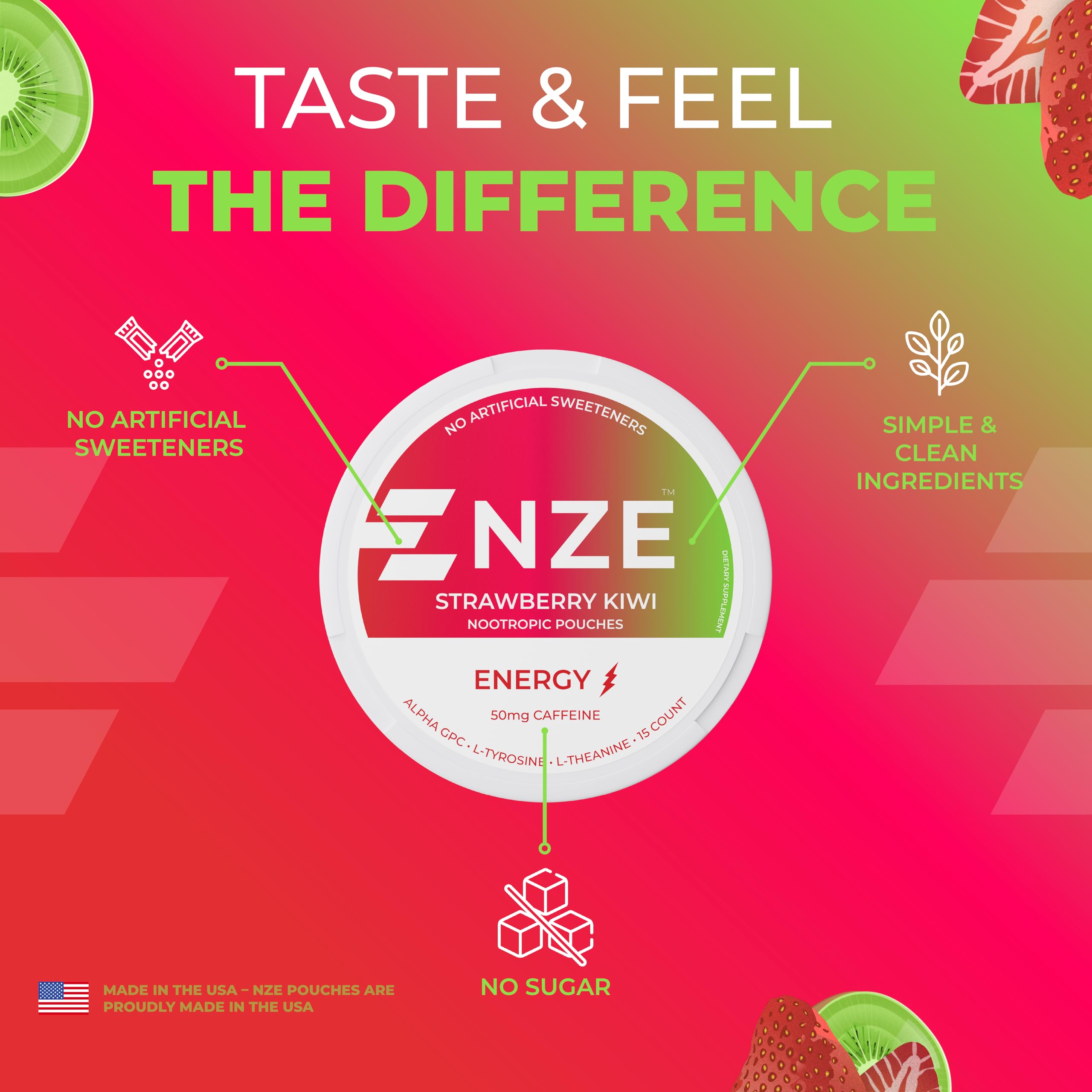 NZE Caffeine Nootropic Pouches (Strawberry Kiwi) - Energy Pouches with 50mg Caffeine, Alpha GPC, L-Tyrosine & L-Theanine - No Sugar or Artificial Sweeteners - 15 Nicotine Free Pouches Per Can - 5 Pack — Amazon image 7