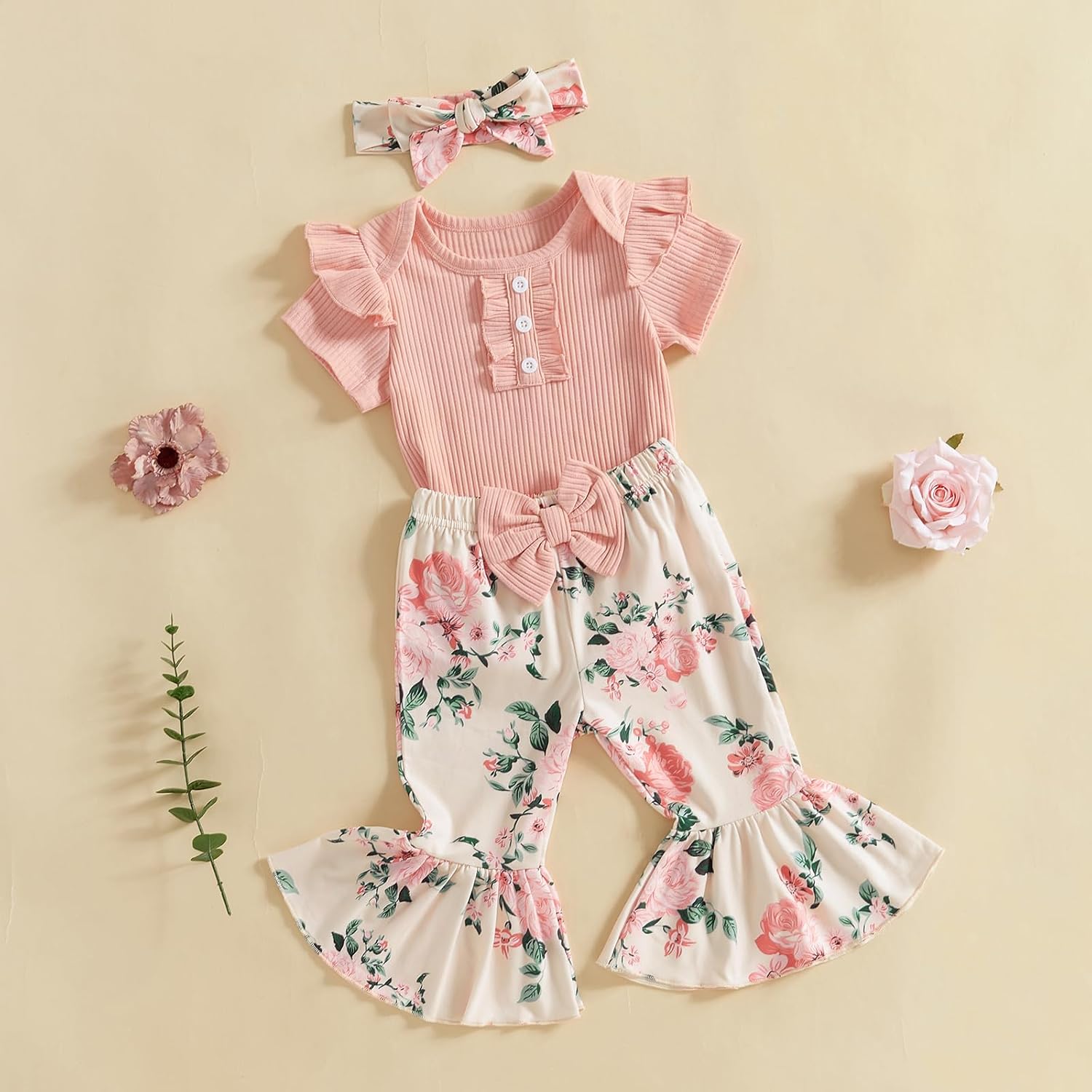 ZAXARRA Newborn Baby Girls Outfit Flying Sleeve Crew Neck Romper Floral Flared Pants Headband Cute Casual Clothes Set