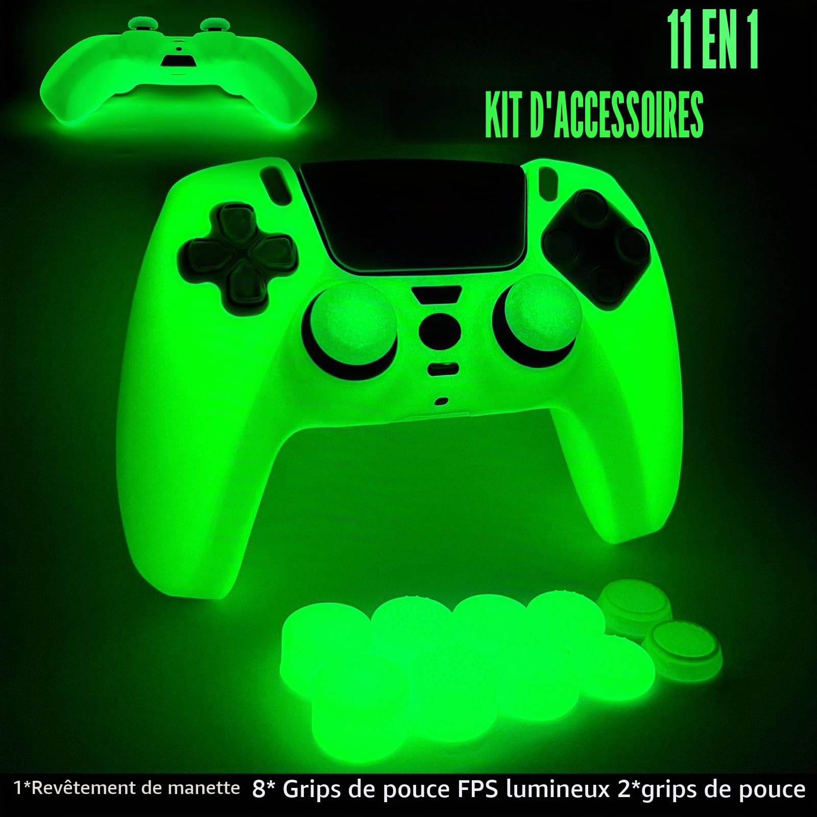 Skins Silicone Grip Glow in The Dark boîtier de Protection Compatible avec Le contrôleur PS5 + 8 PCS Thumb Grips Caps et 2 Grips Caps Glow in The Dark.
