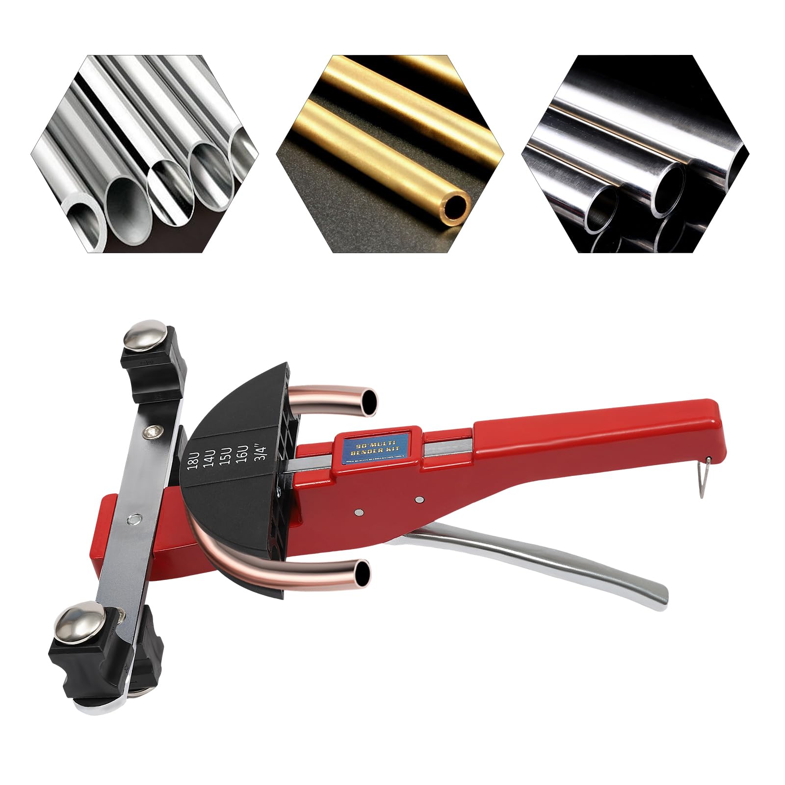 Piegatubi 6 – 22 mm, piegatubi con raggio di curvatura fino a 90° e 7 diverse teste di piegatura per tubi in rame, tubi in alluminio, tubi in acciaio inox a pareti sottili