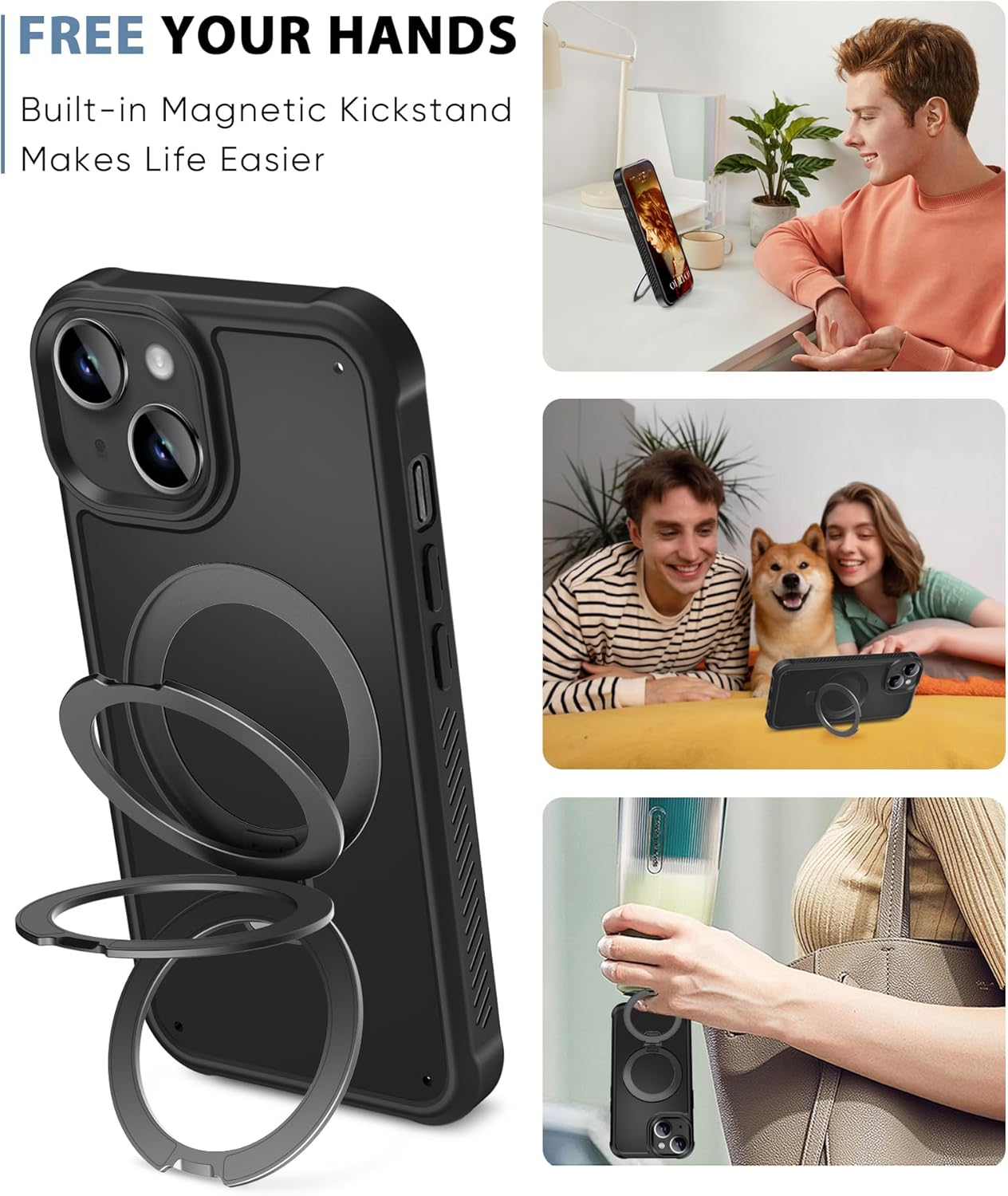 for iPhone 13/14 Case, Built-in Magnetic & Seamless Stand, [Compatible with Magsafe] Protective Shockproof Phone Case, Scratch-Resistant Matte Back Slim Cover for 6.1 Inch - Black - Image 3