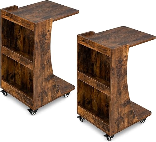 Miniatura 10 de Giantex Mesa auxiliar en forma de C, mesa auxiliar móvil de 2 niveles con estantes de almacenamiento traseros, mesita de noche pequeña con ruedas