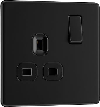 BG Electrical Single Switched Power Plug Wall Socket, Screwless Front Plate, Slim Profile, Premium Flatplate, Matt Black, 13A, FFB21B