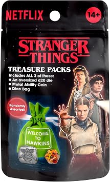 Stranger Things Treasure Pack - 3 Blind Collectibles d20 Die, Metal Ability Coin, Embroidered Dice Bag - Randomly Assorted, RPG Game Accessories