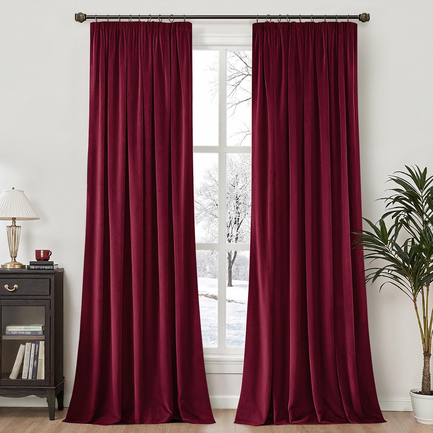 MIULEE Burgundy Red Velvet Pencil Pleat Darkening Curtains for Bedroom 2 Panel Set, Super Soft Luxury Home Decor Living Room, Thick Room Darkening Curtains 90 Drop, Each 90 x 90 Inche — image 1