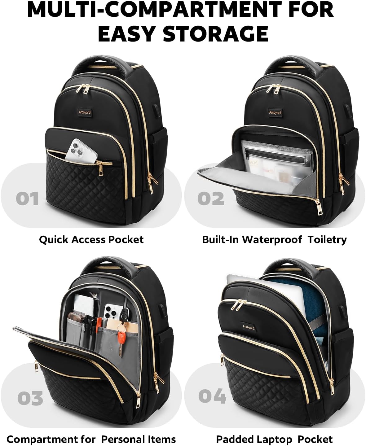 Rolling Backpack for Women, 15 inch Lightweight Wheeled Roller Laptop Backpack for Adults, Water Resistant Underseat Carry On Luggage Bag, TSA Friendly Anti Theft Business Gear, Black Gold - Image 3