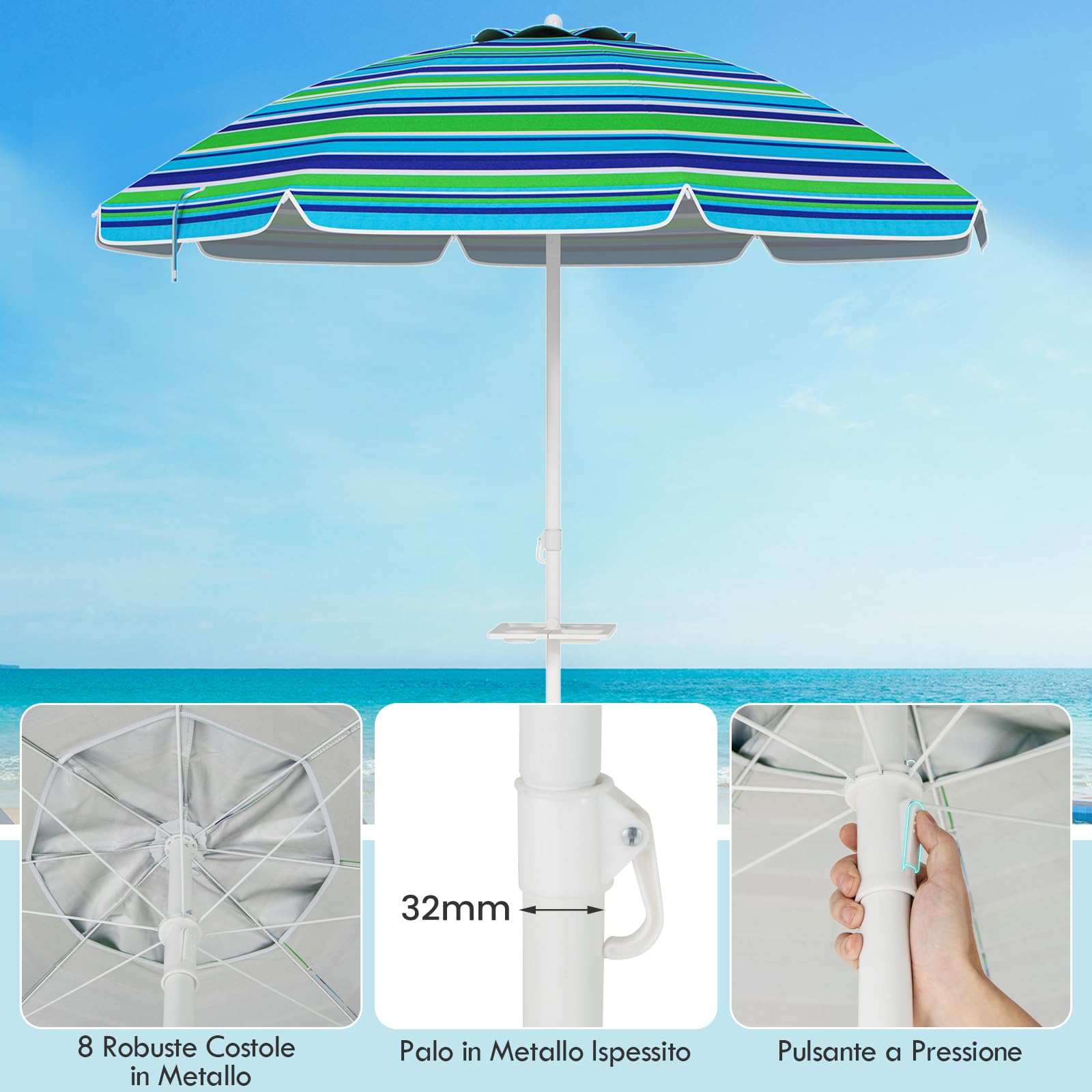 RELAX4LIFE Ombrellone da Spiaggia diametro 220 cm con Vassoio, Ombrellone da Mare Inclinabile a 8 Stecche con Air Vent, Protezione solare e impermeabile, Borsa di Trasporto Inclusi (Modello 4)