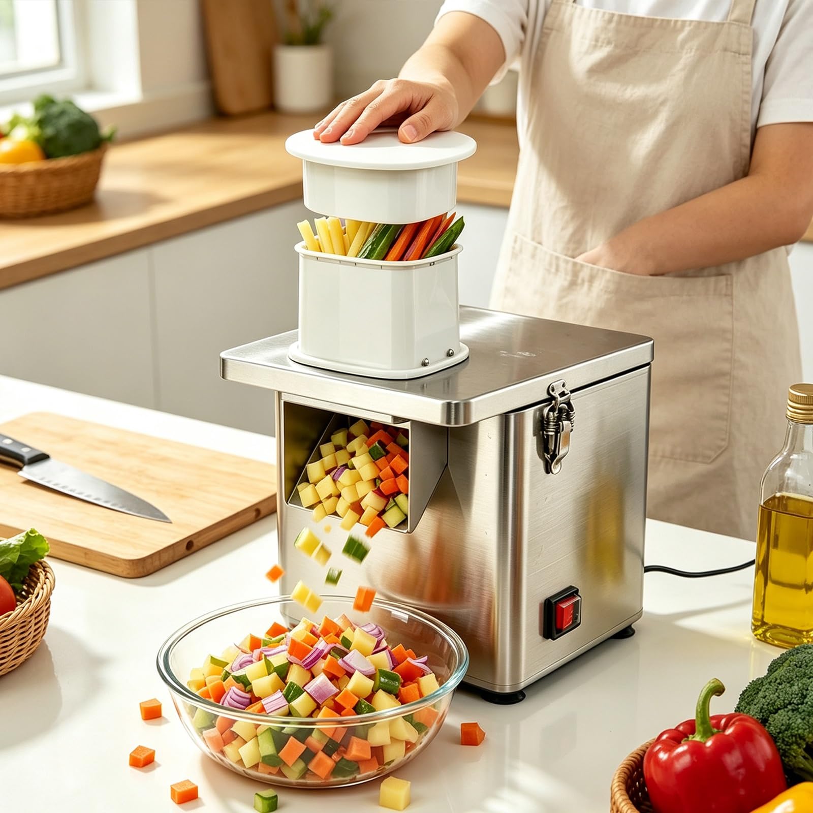 Elektrischer Gemüsezerkleinerer, 200 W, mit Schneiden, Raspeln und Würfeln. | Küchenmaschine, schneidet Zwiebeln, Kartoffeln, Karotten, bereitet Salate zu, ideal for private und gewerbliche Küchen.