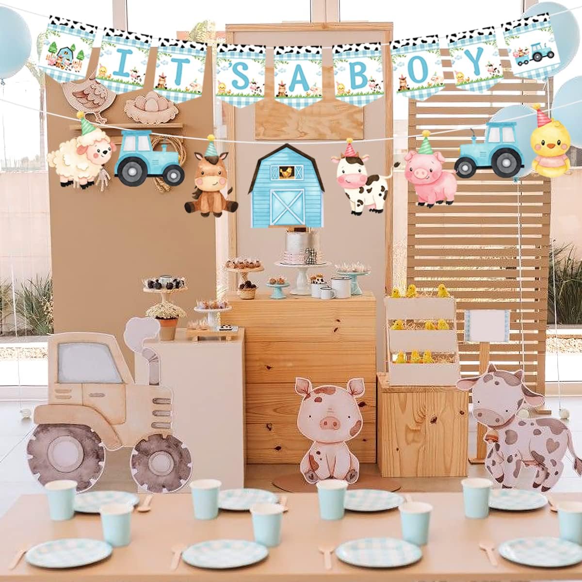 Farm Animal Baby Shower Banner Blue It's a Boy Decorations for Boys Farm Animal Themed Garland Welcome Baby Photo Photograph Banner for Farmer Barnyard Party Decoration Gender Reveal