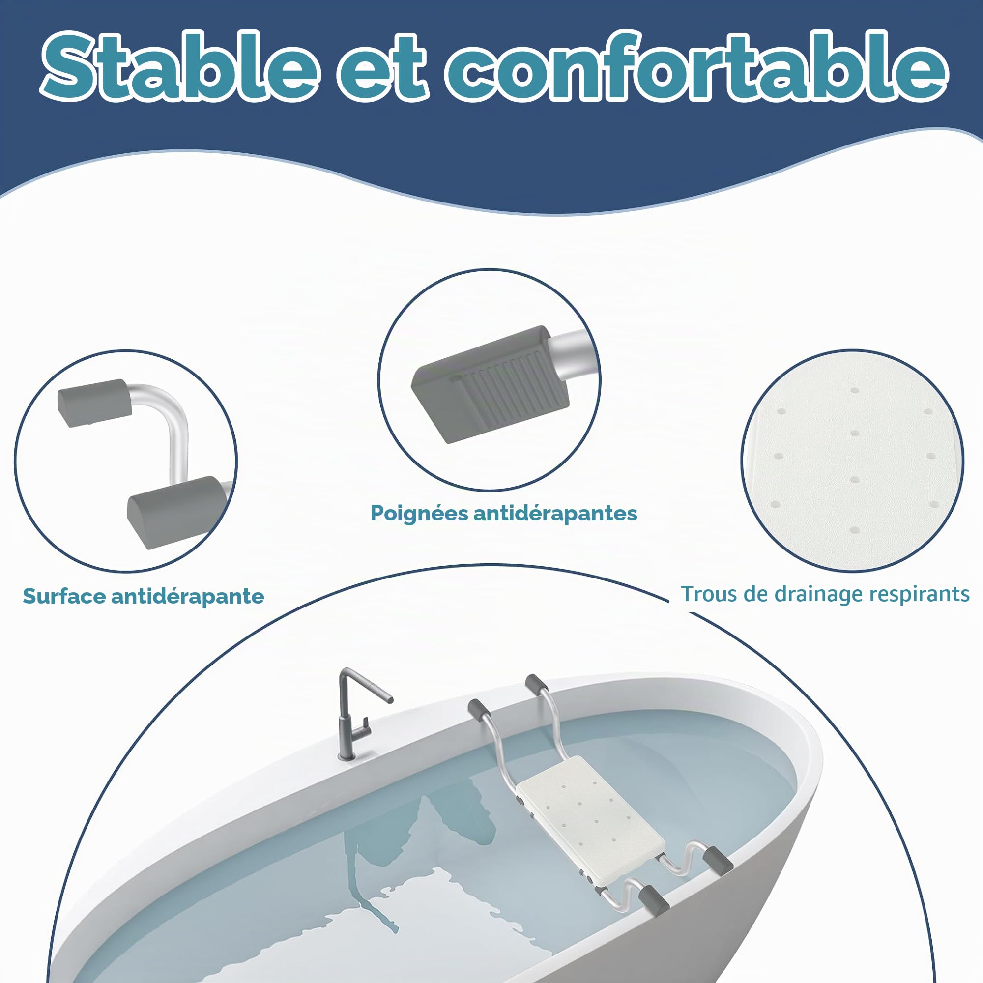 LZQ Planche de bain en aluminium pour personnes âgées, extensible de 72 à 82 cm, capacité de charge de 150 kg, siège de bain générique, antidérapant, avec poignée fixe, pour personnes âgées, femmes