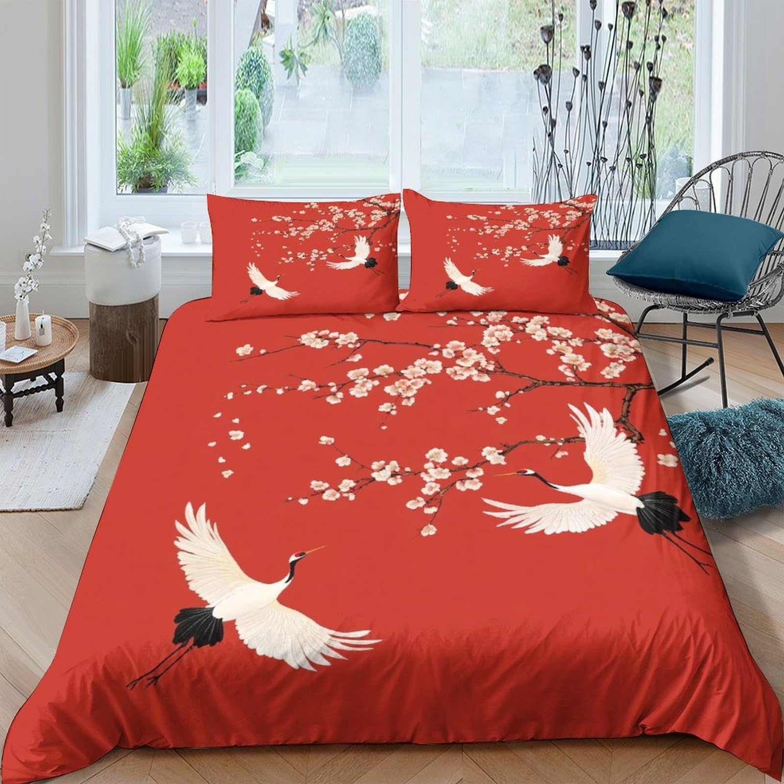 Ctjqhvkz Style-8 3D Printed Crane Floral Fitted Sheet Microfiber Soft Red Japanese Style Mattress Cover Bedroom Decor Single（135X200cm）