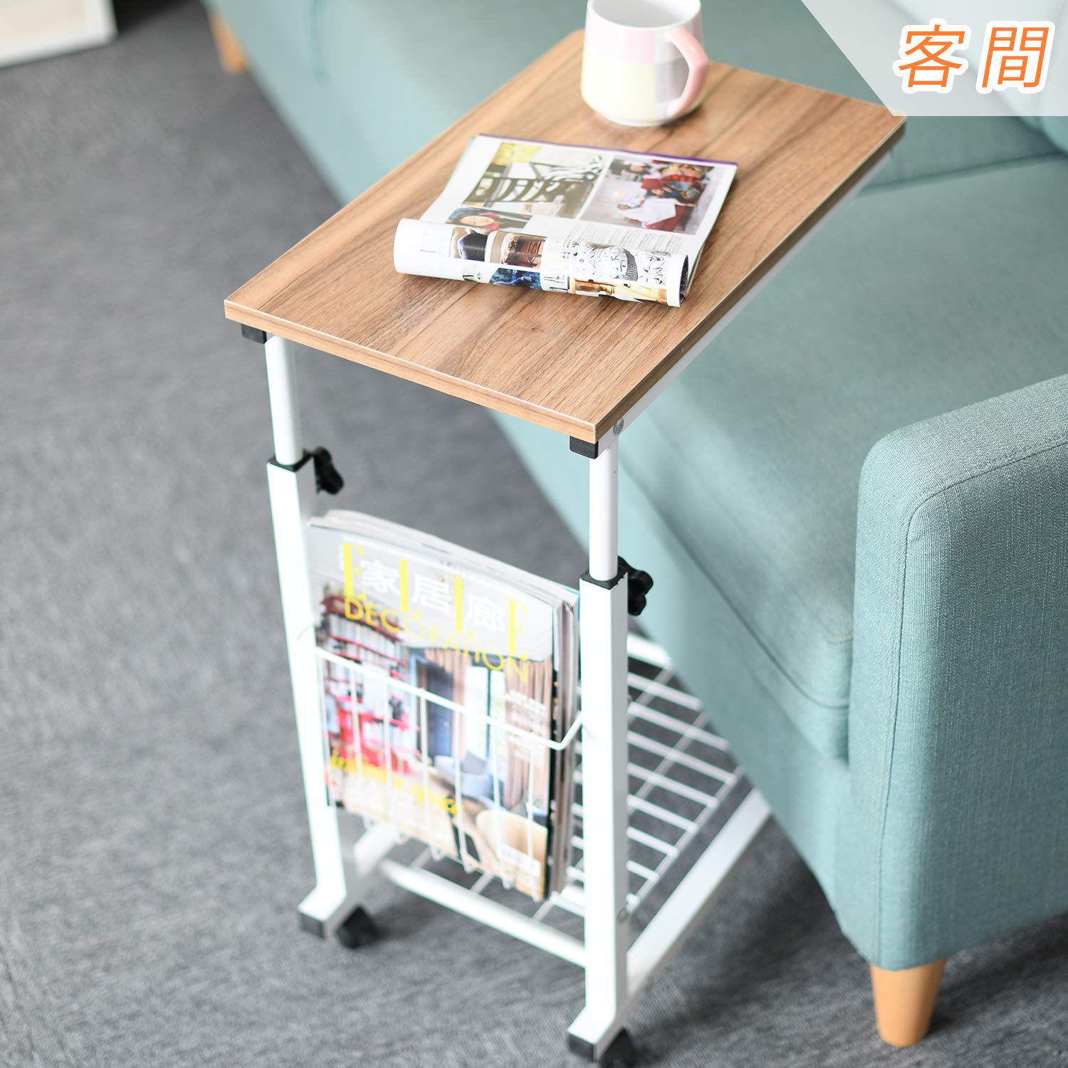 Tavolino Da Letto Regolabile DlandHome - Con Ruote E Cestino, Legno Quercia - Foto 11