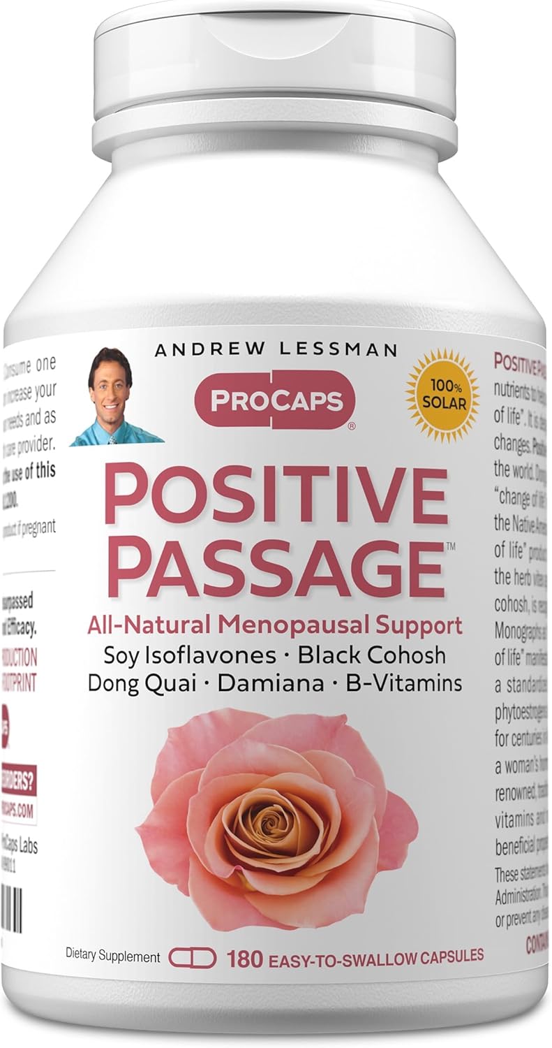 ANDREW LESSMAN Positive Passage 180 Capsules - Natural Menopausal Support and Balance for Women's Hormone Levels. with Soy Isoflavones, Black Cohosh, Dong Quai, Damiana. No Additives