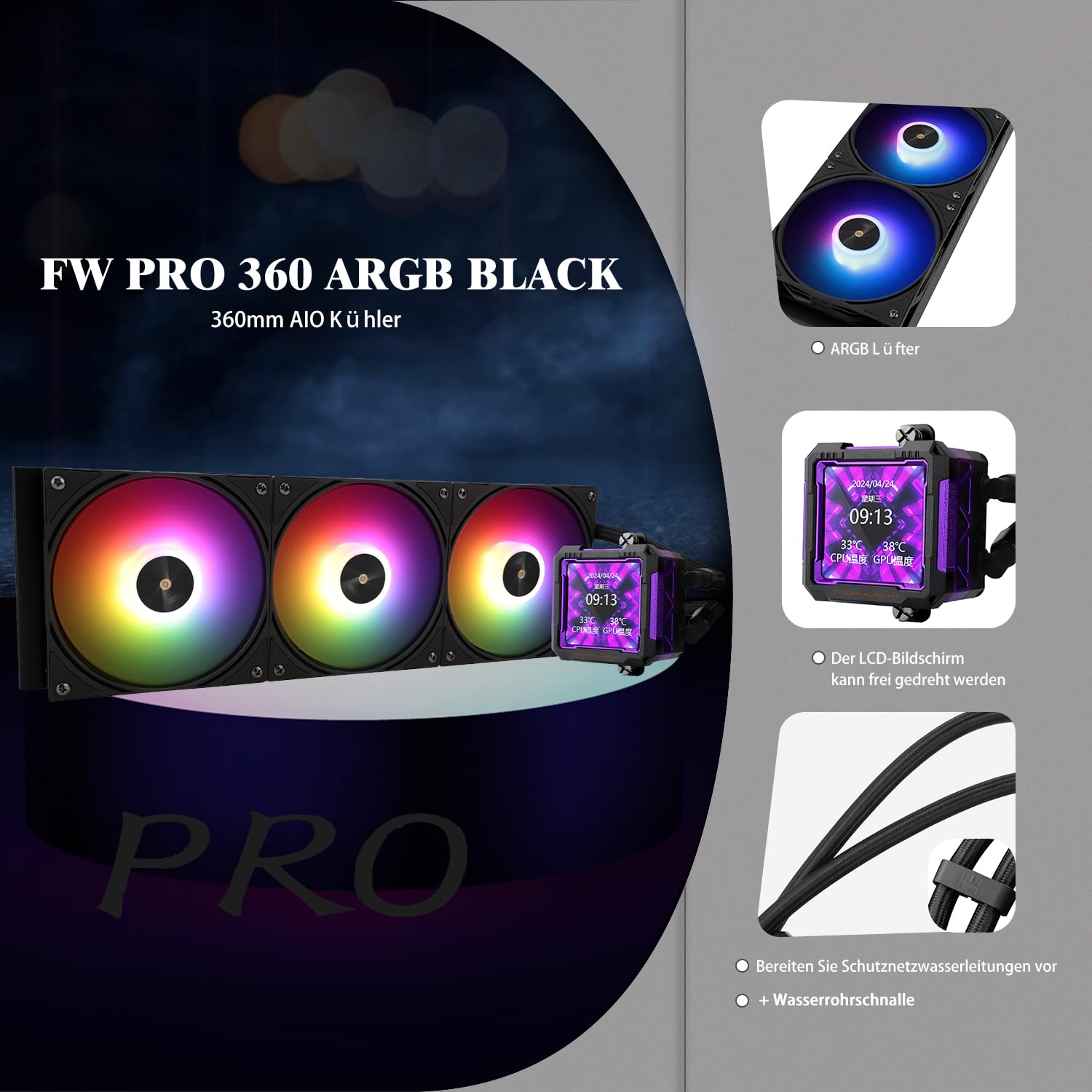 TR-Thermalright FW PRO 360 ARGB Nero Liquid CPU Cooler, Schermo LCD IPS da 2,73 pollici con risoluzione 320x320 - Magnetico, tema schermo DIY, per AM4 / AM5, LGA1851 /1700 /115x