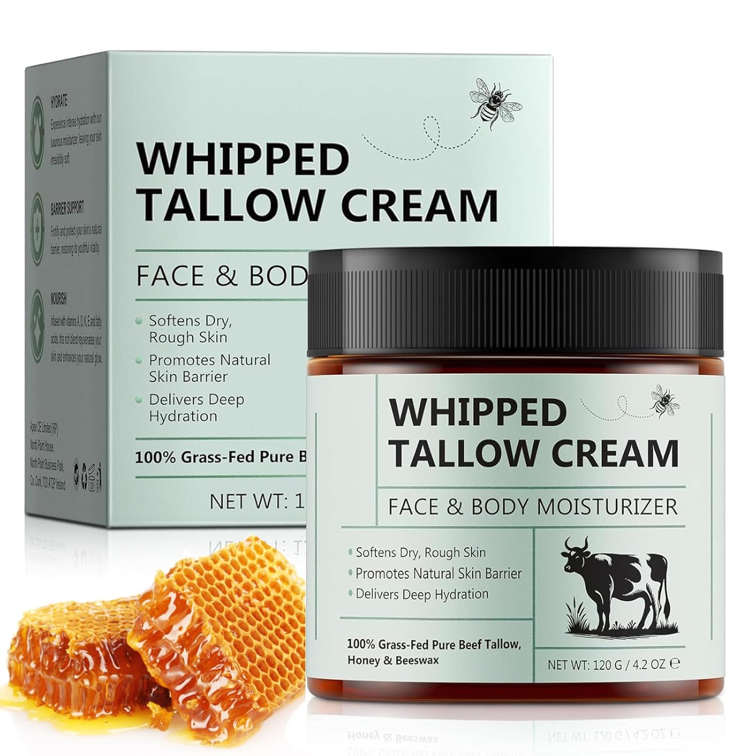 Petansy Beef Tallow for Skin, Beef Tallow Moisturizer,Organic Whipped Grass Fed Beef Tallow with Honey Cream for Face & Body, Unscented 4.2OZ