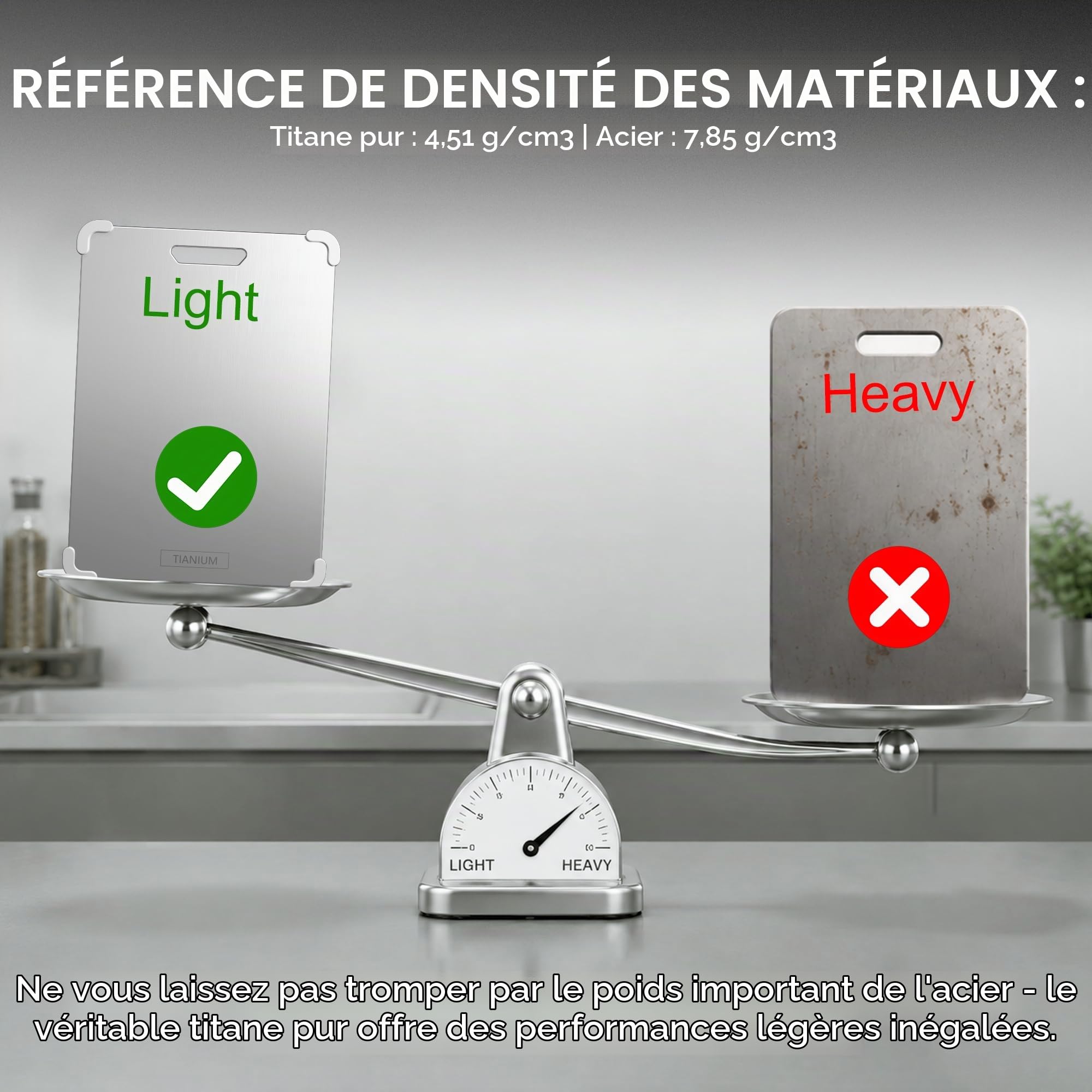 Planche à Découper 100% Titane pur Qualité Alimentaire, Surface non Poreuse Hygiénique sans Microplastique, Lavable en Lave-vaisselle pour Viande Légumes Fruits Cuisine Camping 34x23x0.2cm, 720g