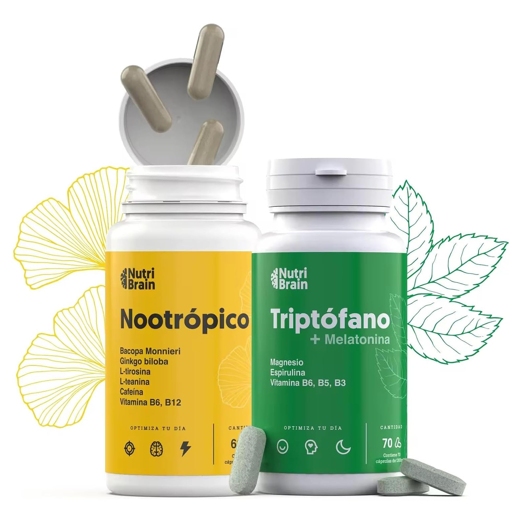 Pack Nootrópico Natural + Triptófano con Melatonina (60 + 70 cápsulas) - Energía y Descanso - Sueño Profundo y Energía para el día a día - Aumenta la Concentración y Agilidad Mental