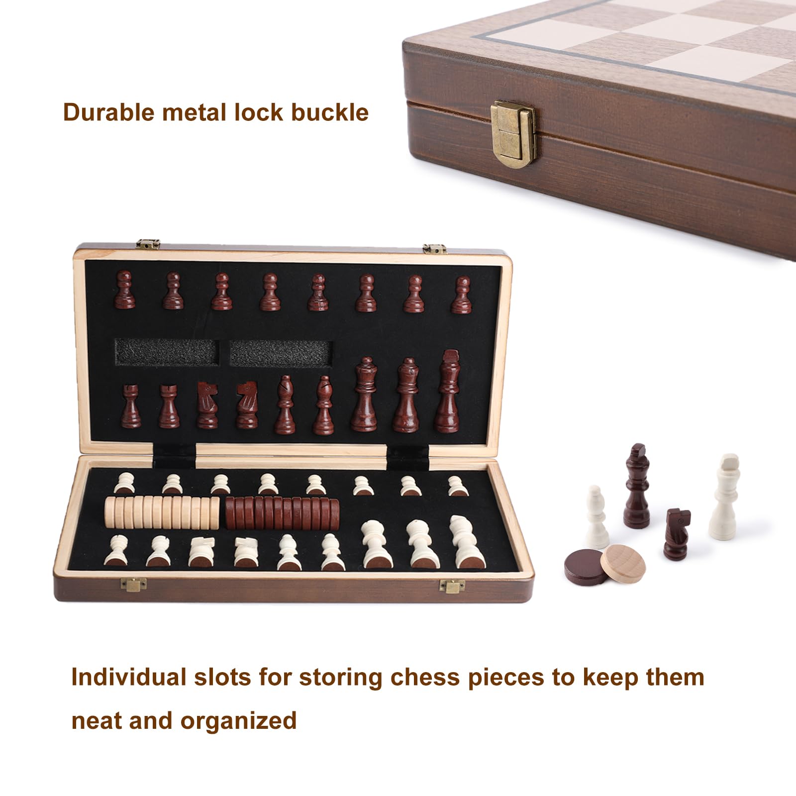 Jeu d'échecs magnétique en bois de 38,1 cm avec planche pliante et fente de rangement pour pièces d'échecs, ensemble de jeu d'échecs portable fait à la main pour enfants, adultes, débutants et