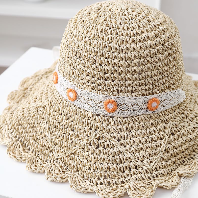 Sombrero de Verano para Mujer,con Protección UV,ala Ancha de Paja,con Encaje y Decoración Floral,Plegable,Flexible,Transpirable,para Playa,para Exteriores,Vacaciones y Viajes