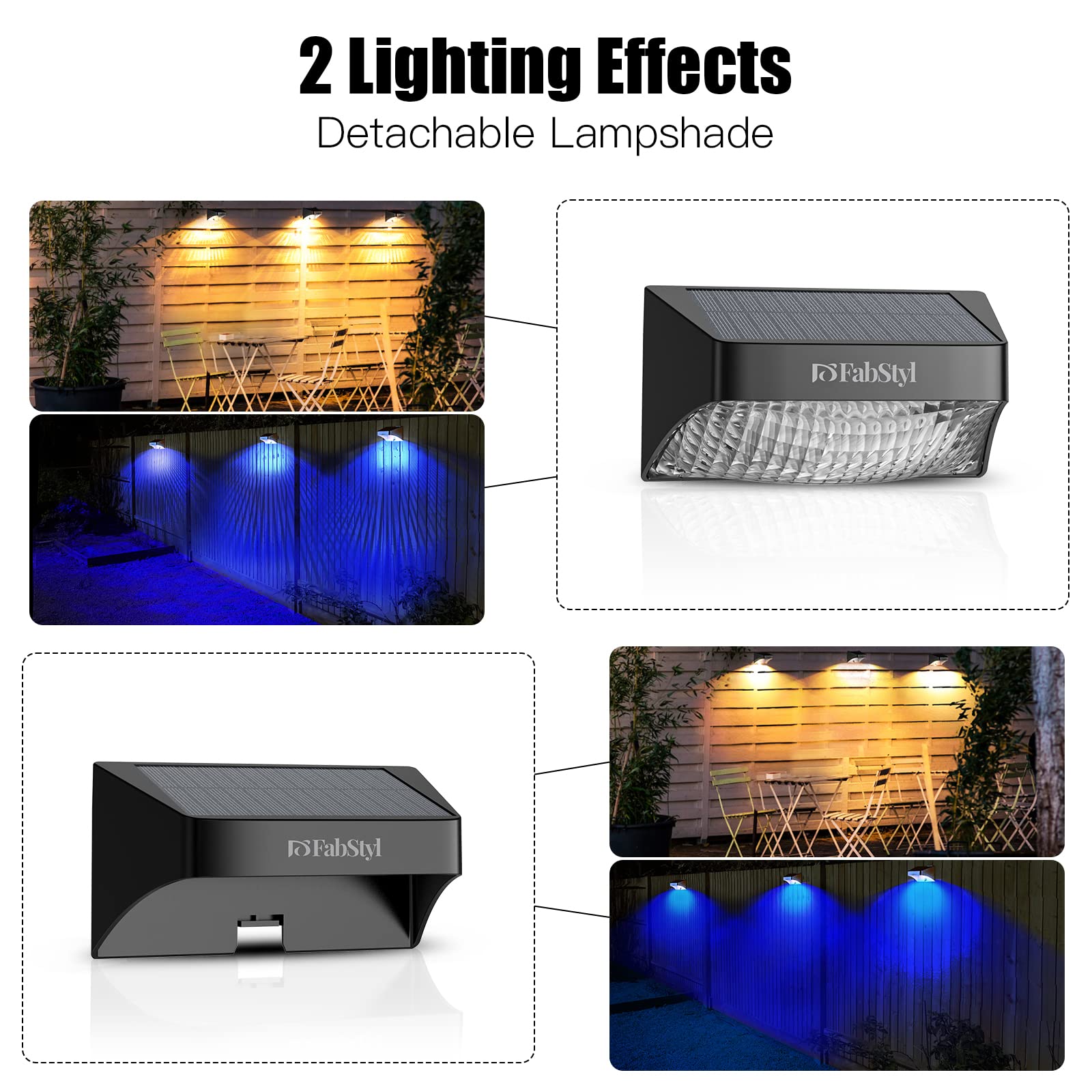 Solar Fence Lights, FabStyl 10 Working Mode Solar Deck Lights Outdoor Step Lights Waterproof LED Solar Wall Lights for Stair, Deck, Patio, Garden, Wall, Swimming Pool, Yard, Post (Black, 8 Pack Plus) 2