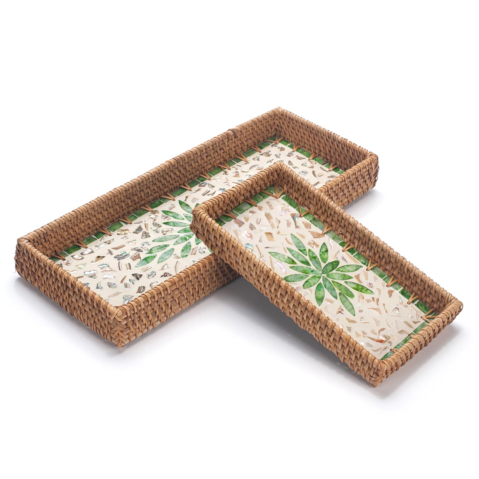 Photo 1 of 2 Pack Rattan Bathroom Vanity Tray with Mother of Pearl Inlay, Toilet Tank Tray, Toilet Basket Tank Topper, Bathroom Basket for Organizing and Decor (Green Leaves)