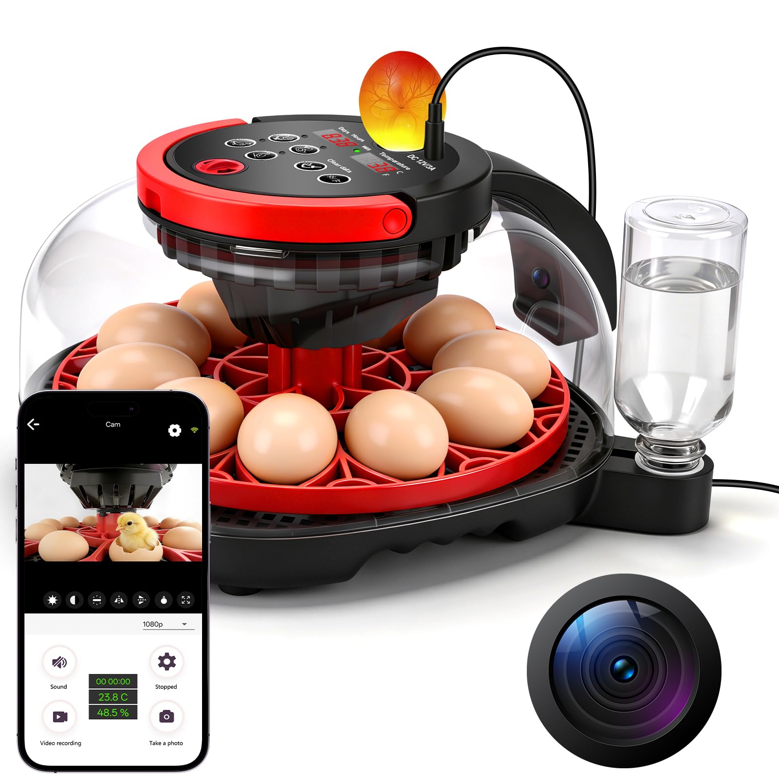 Incubadora totalmente automática de 12 huevos, incubadora con cámara HD 1080, control remoto mediante app inteligente, Control de Temperatura y Automático de Humedad, Volteo Automático de Huevos | Incubadora de pollos con control de temperatura y humedad,