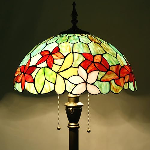 Miniatura 5 de Tiffany - Lámpara de pie con vitrales, 16 x 16 x 70 pulgadas, luz de lectura antigua (flores rojas y verdes)