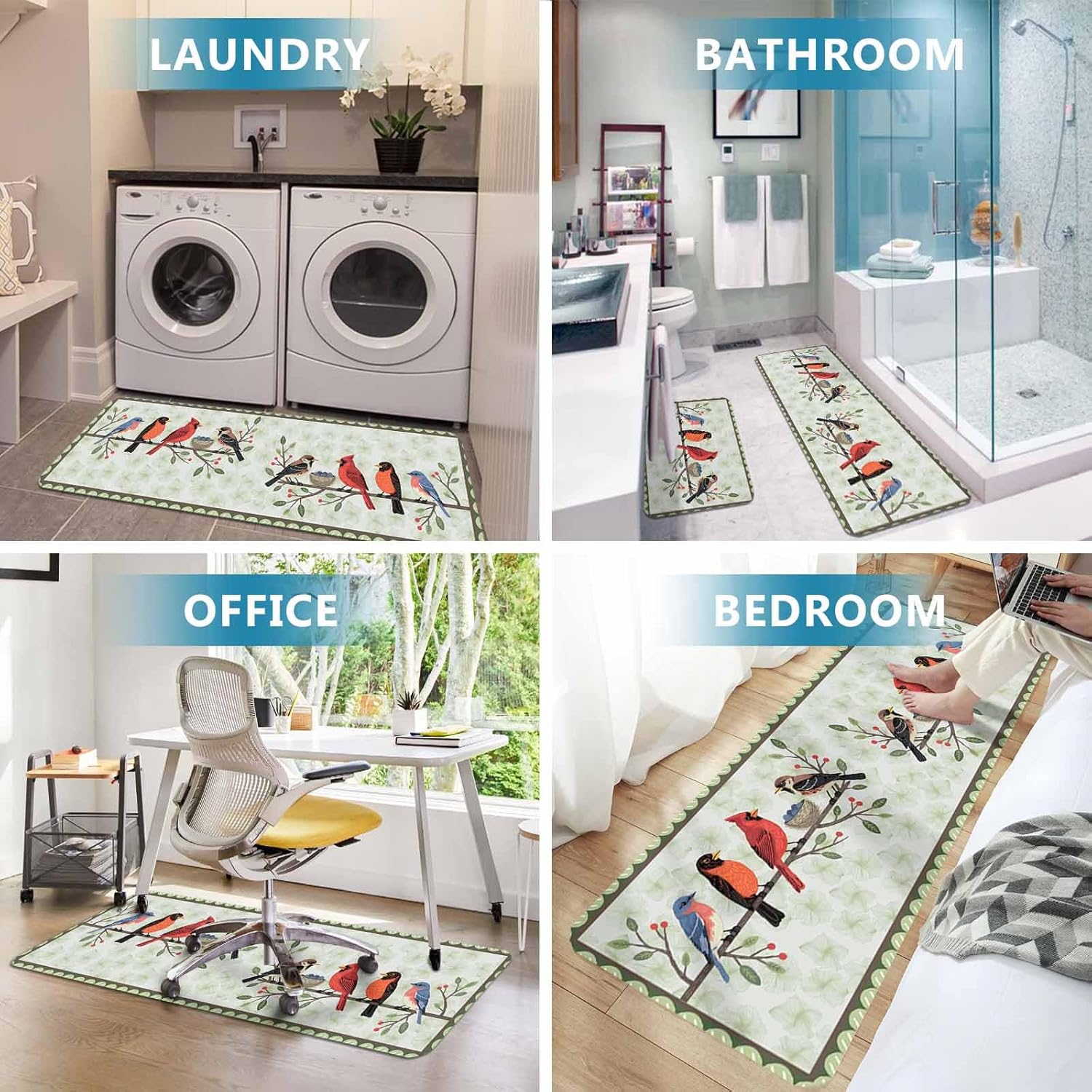 Spring Cardinal Kitchen Mat Set 2 Pieces Birds Light Green Leaf Background Rustic Country Non Slip Kitchen Rugs Washable Runner Rug Mats for Floor Sink Laundry Office 23.6" x 35.4"+23.6" x 70.9"