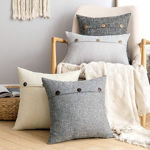 Miniatura 6 de ANRODUO Juego de 2 fundas de almohada de lino blanco grisáceo de arpillera de triple botón sólido de 12 x 20 pulgadas, fundas de almohada