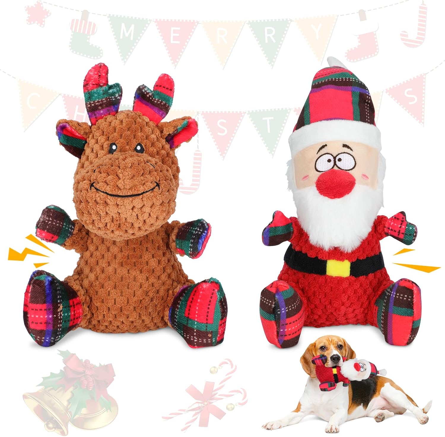Christmas Dog Toys, 2 Pack Santa Claus and Reindeer Squeaky Pet Toy