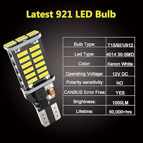 Miniatura 3 de Bombilla LED T15 extremadamente brillante 921, 1200 lúmenes, sin polaridad 921, 912, T15, W16W, 30-SMD 4014, chips CANBUS, sin errores, para luces