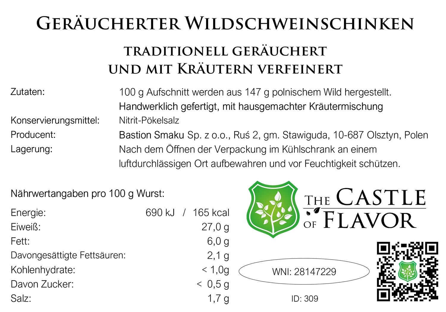 Geräucherter Wildschweinschinken – traditionell geräuchert und mit Kräutern verfeinert- Wurstwaren 400g - Trockenwurst - Rohwurst - Dauerwurst am Stück - Trockenfleisch - getrocknete Wurst Snack