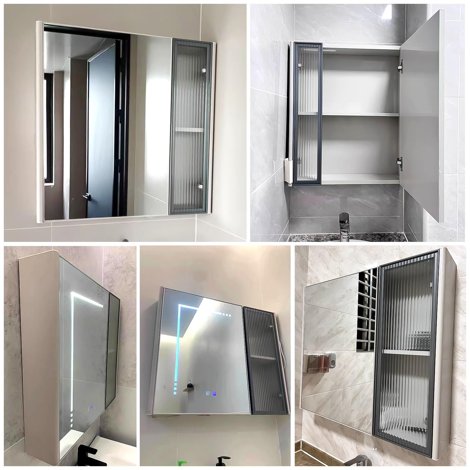 Armario de baño con espejo LED con interruptor antivaho, color gris, espejo de maquillaje, ahorro de espacio, almacenamiento sobre el inodoro, gabinete de medicina moderno con iluminación integrada