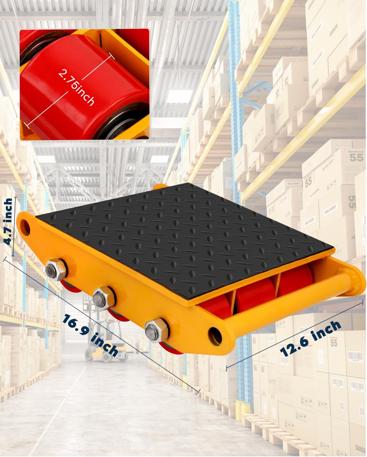 FAHKNS Machinery Moving Skate Heavy Duty Machinery Skates Cargo Mover 15T Machine Skates with Non-Slip Cap 9 PU Rollers for Heavy Duty Industrial Moving Equipment(Yellow)