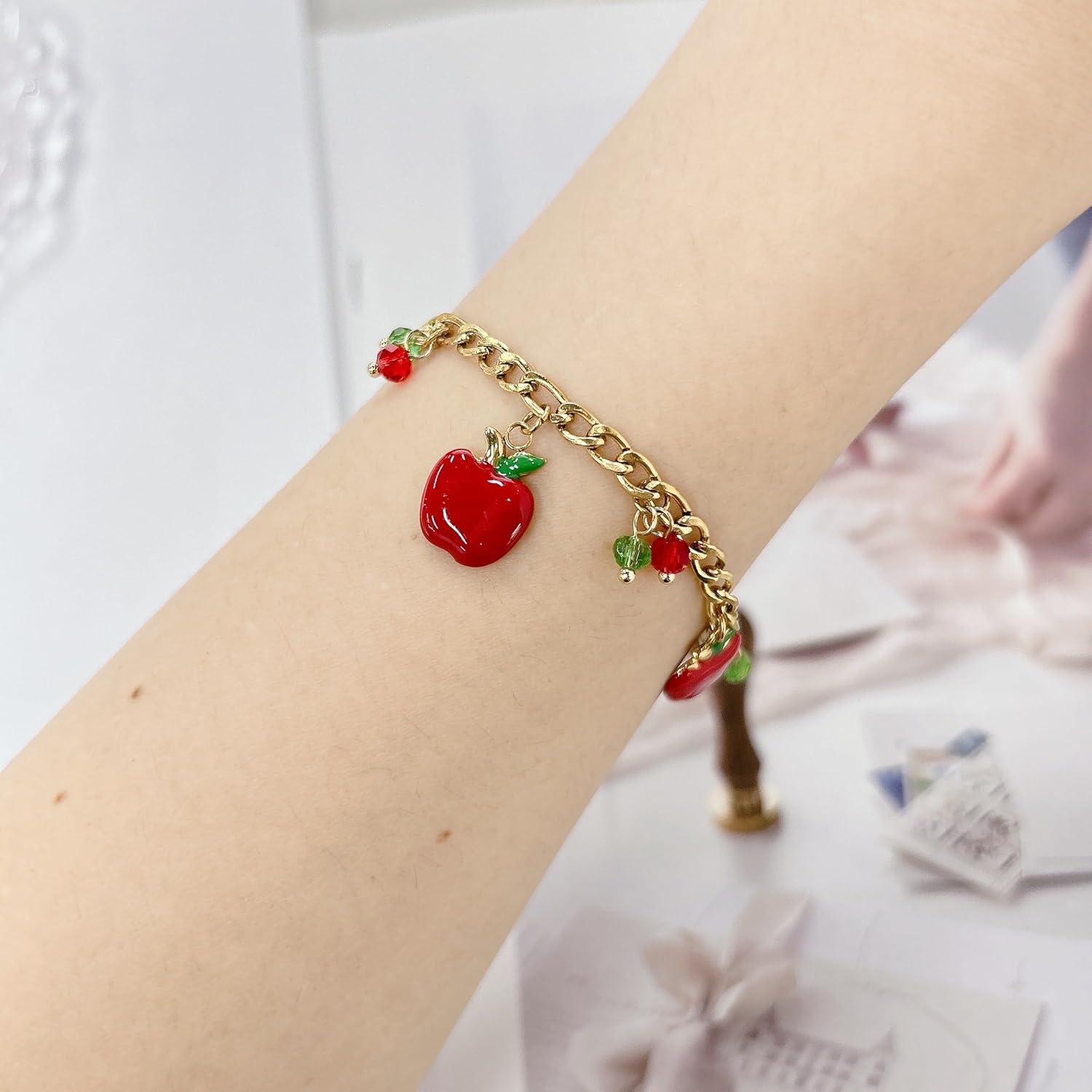 Sweet Red Enamel Apple Charm Crystal Tassel Stainless Steel Bracelet for Woman Fashion Dainty Summer Fruit Food Green Leaf Adjustable Chain Exquisite Cute Birthday Christmas Gift Jewelry - Image 2