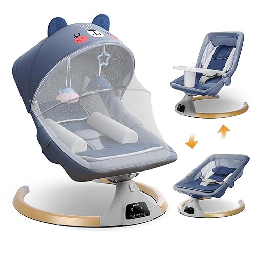 Columpio de bebé para bebés a niños pequeños, 3 en 1 con control remoto eléctrico para bebés con plato de cena desmontable, tiempo de balanceo de 4