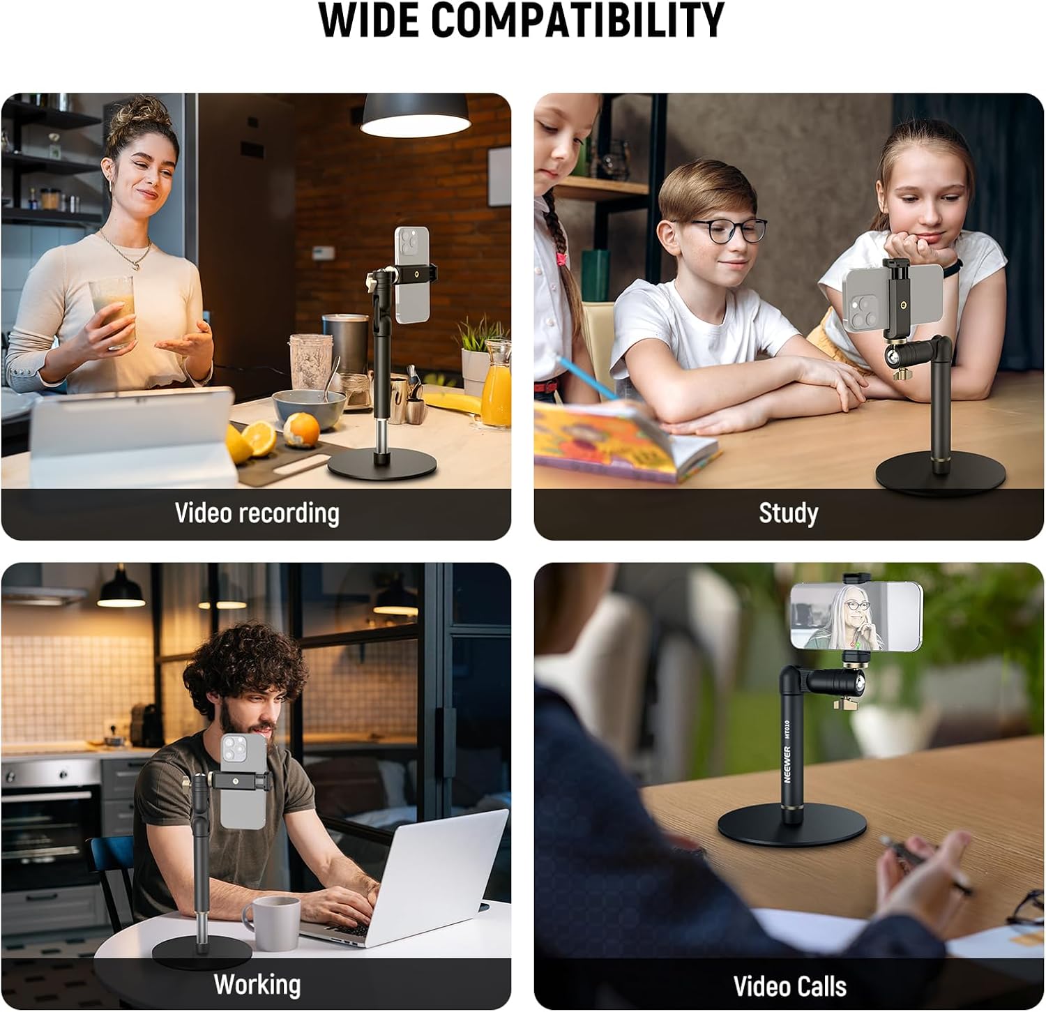 NEEWER Cell Phone Stand for Desk, Adjustable Office Table Phone Holder Mount Compatible with iPhone Samsung for Video Recording Filming, 360° Ball Head, Foldable Arm, Weighted Metal Base, MT010