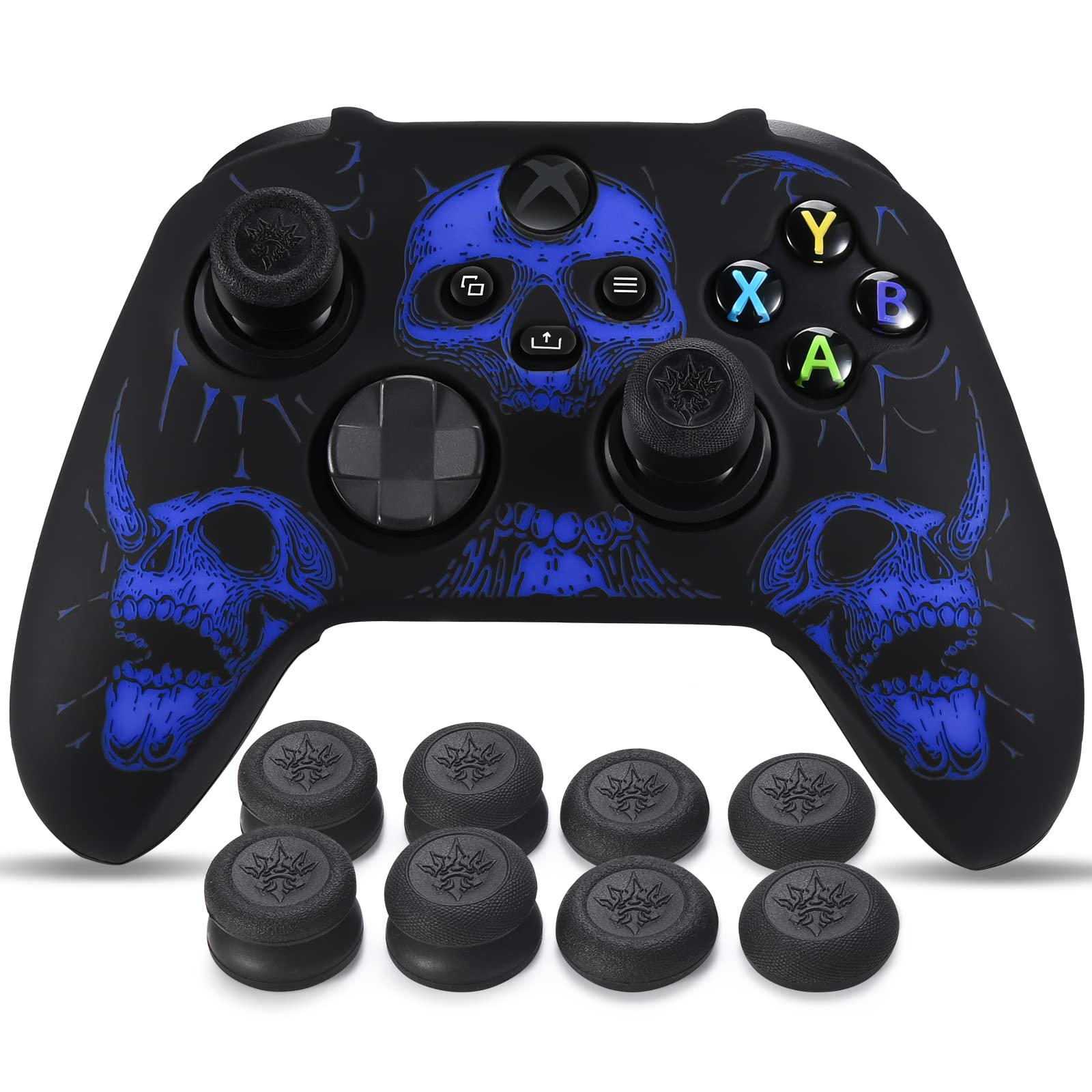 YoRHa Laser Carving Silicone Skin for Xbox Series X/S Controller x 1(Blue) with Pro Thumb Grips x 8