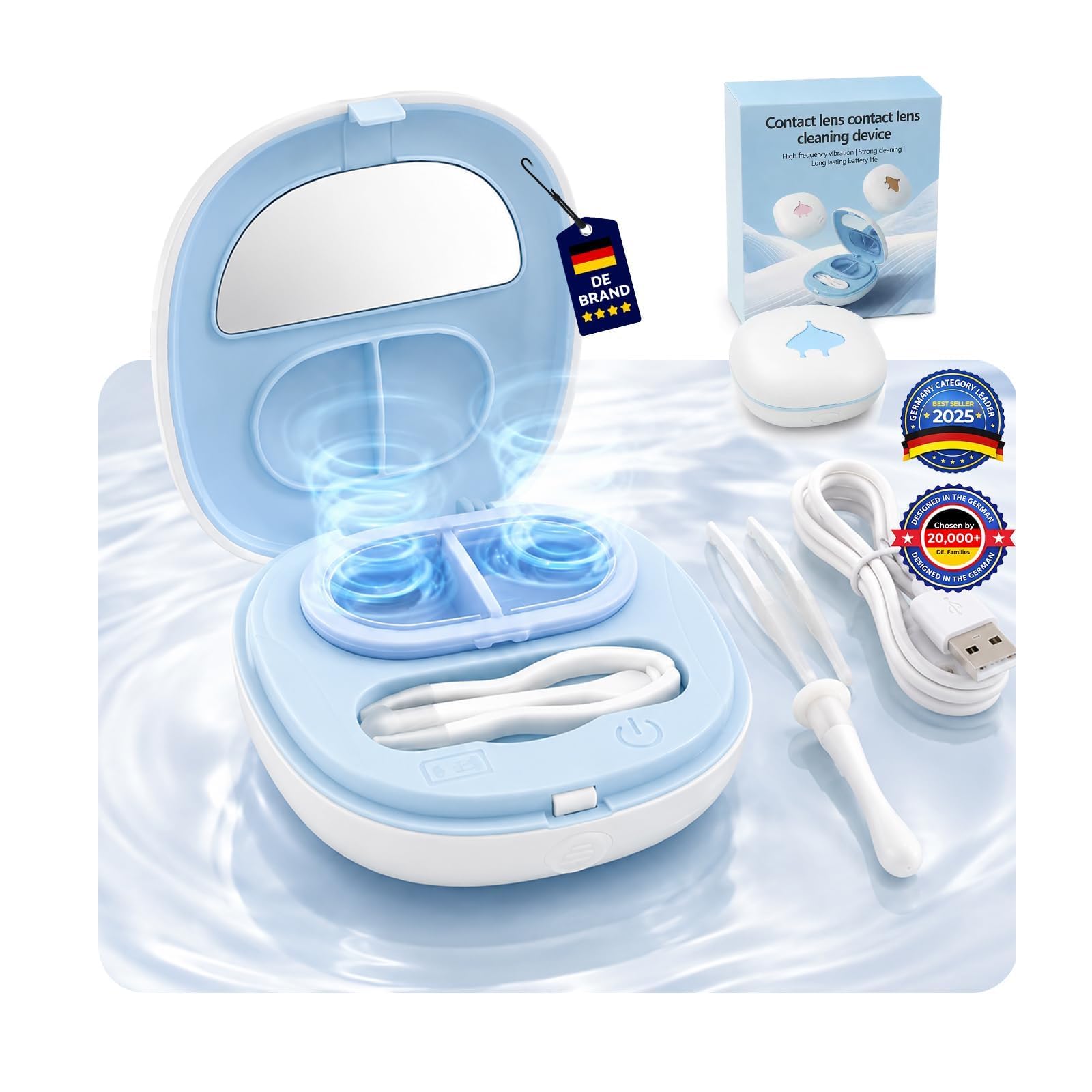 3-in-1 Ultrasonic Contact Lens Cleaner【Industry-Leading 65,000Hz Ultrasonic Power】 Contact Lens Cleaner Machine with Contact Lens Applicator Tool,Blue