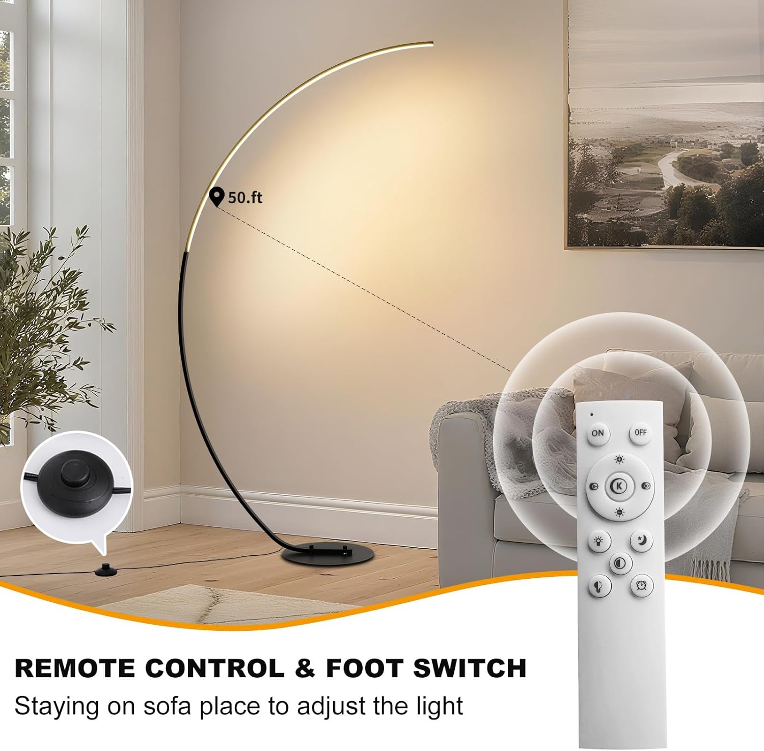 POWROL Arc Floor Lamp, 65" Tall Standing Modern LED Floor Lamps for Living Room, 3000K-6500K Dimmable with Remote, Night Mode, Arched Reading Corner Floor Lamp for Bedroom Office