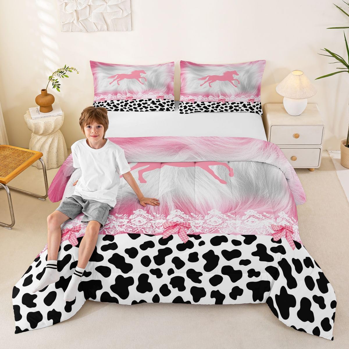 Feelyou Pink Cow Girl Comforter Set Western Horse Decor Comforter for Kids Teens Pink White Cow Fur Bedding Set Cowhide Pink White Duvet Set Room Decor Quilt Full Size Boys