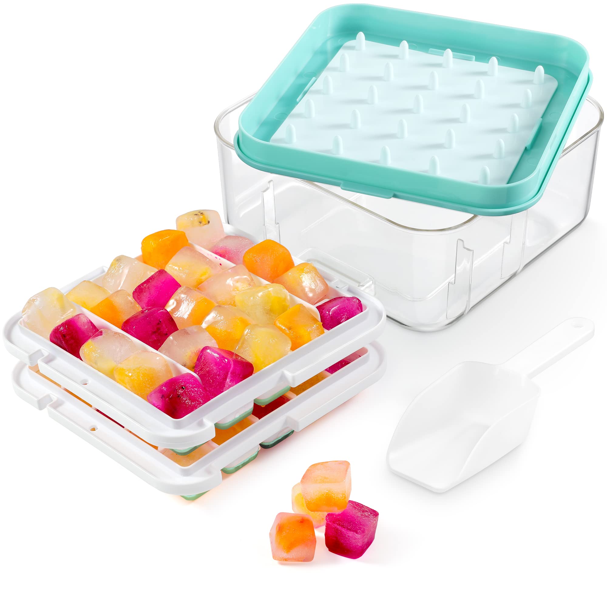 Teblei Eiswürfelform mit Deckel und Mülleimer, leicht zu lindern und 50 Nugget-Eiswürfelformen, Silikon für Gefrierschrank, 2 Stück, stapelbare Eiswürfelform für Whiskey, Saft, Kaffee,BPA-frei (blau)