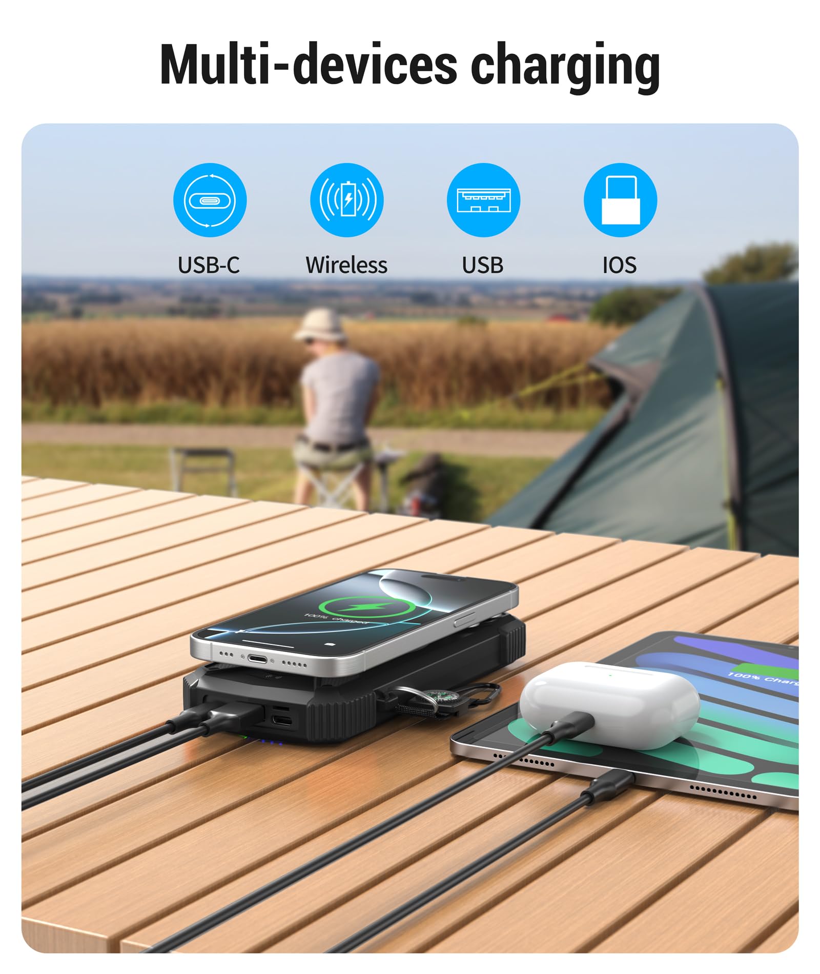 BLAVOR Powerbank solare caricatore solare 10000 mAh, PD 20 W, ricarica rapida USB C power bank con pannello solare, ricarica rapida wireless, batteria da campeggio, caricabatterie solare per