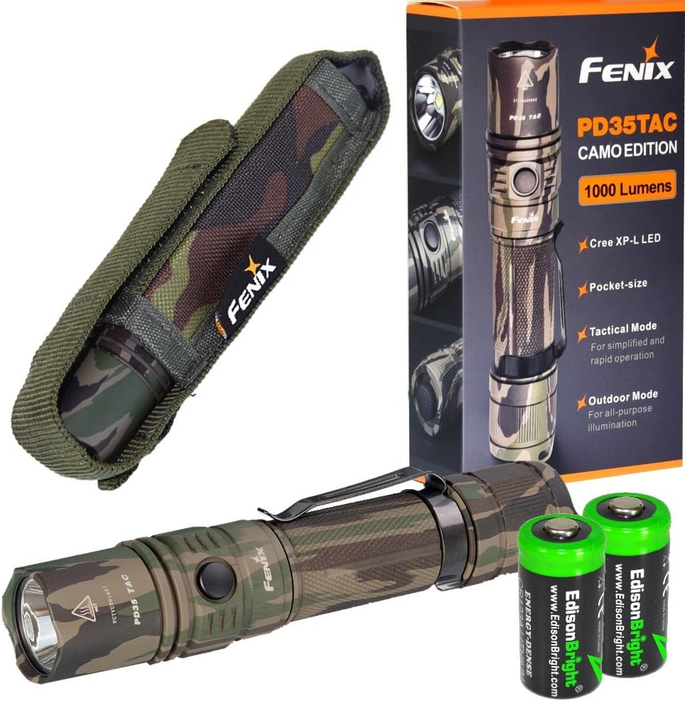 Fenix PD35 TAC (Camo) 1000 Lumen CREE XP-L LED Tactical Flashlight with Two EdisonBright CR123A Lithium Batteries