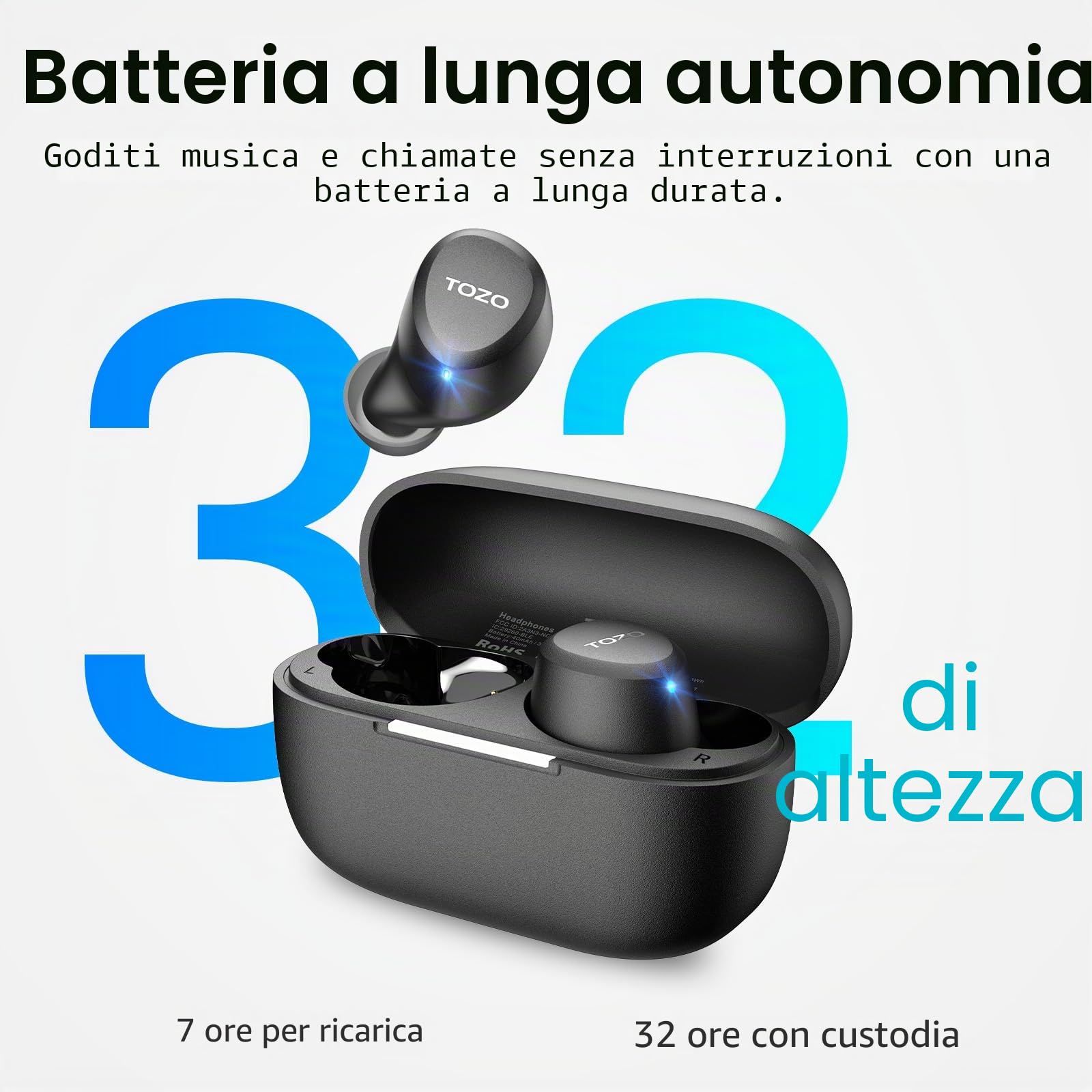 TOZO A1 Cuffie Bluetooth 5.3 con ORIGX Acustica 32 Ore Riproduzione EQ Regolazione Ultraleggero USB Tipo C IPX5 Nero