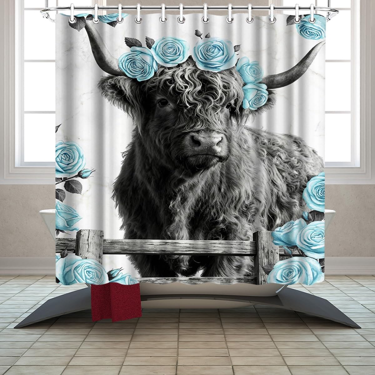 Highland Cow Shower Curtain Black White Farmhouse Bathroom Decor, Rustic Animal Theme with 12pcs Hooks 72''Wx72''L (Teal)