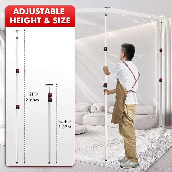 12FT Dust Barrier Poles, 4Pack Spring Retractable Zipper Wall Poles